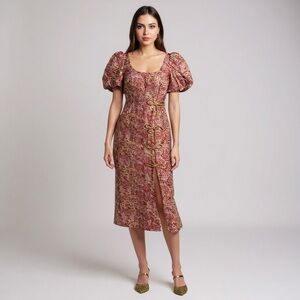 Mestiza New York Pia Metallic Floral Jacquard Pink Gold Front Slit Puff Sleeve 4